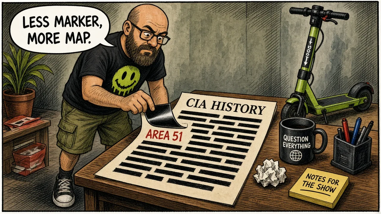 Host peeling thick black redaction bars off a CIA history page until the words Area 51 appear