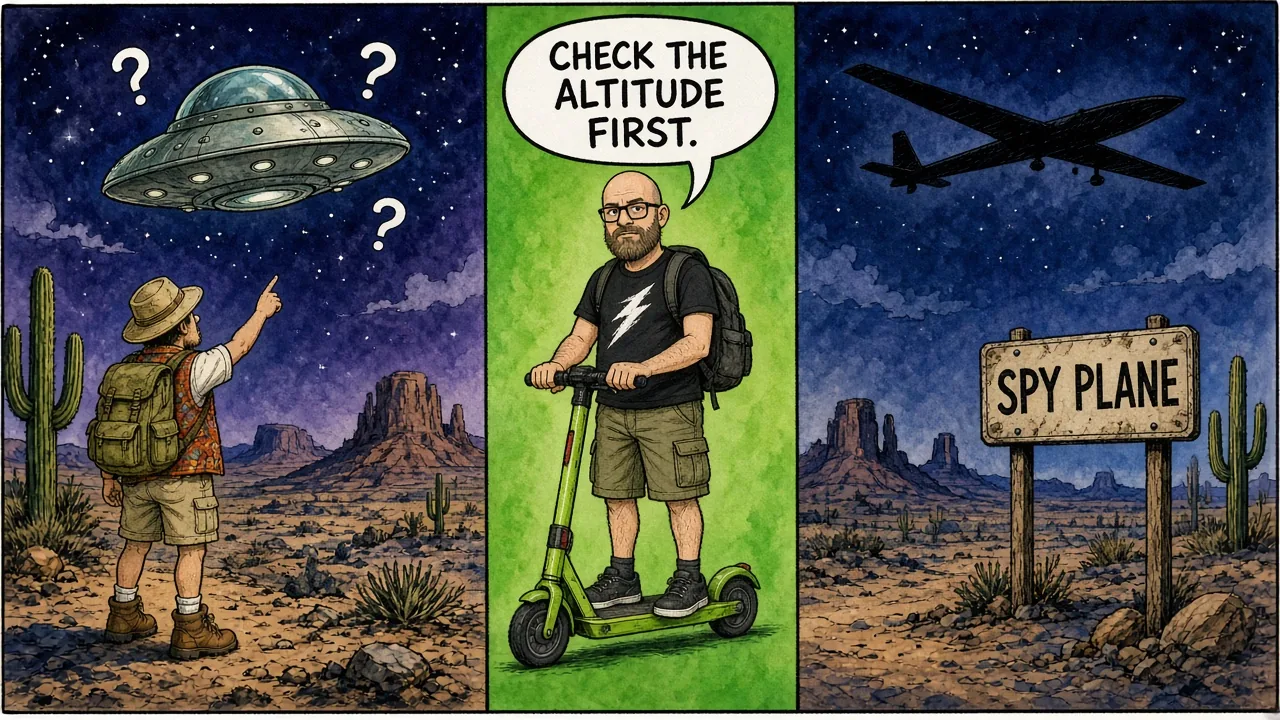 Split panel of a 1950s witness pointing at a UFO cartoon versus the same sketch revealed as a U-2