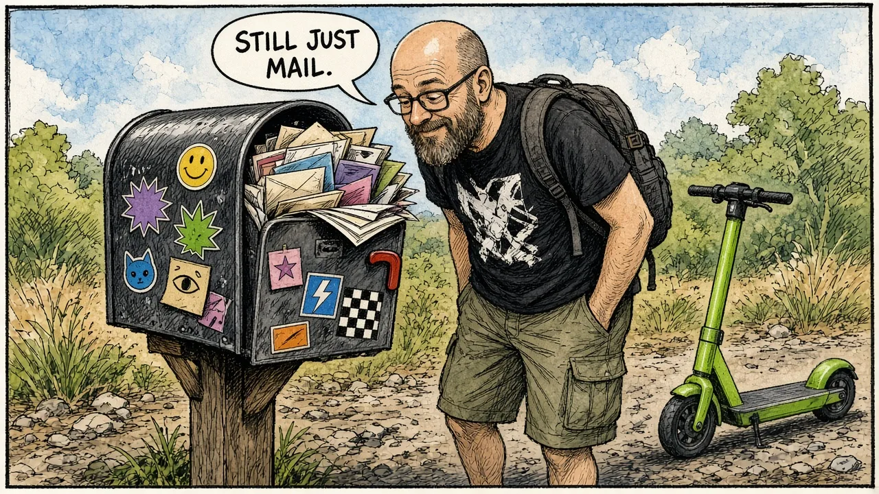Host opening sticker-covered black mailbox stuffed with notes