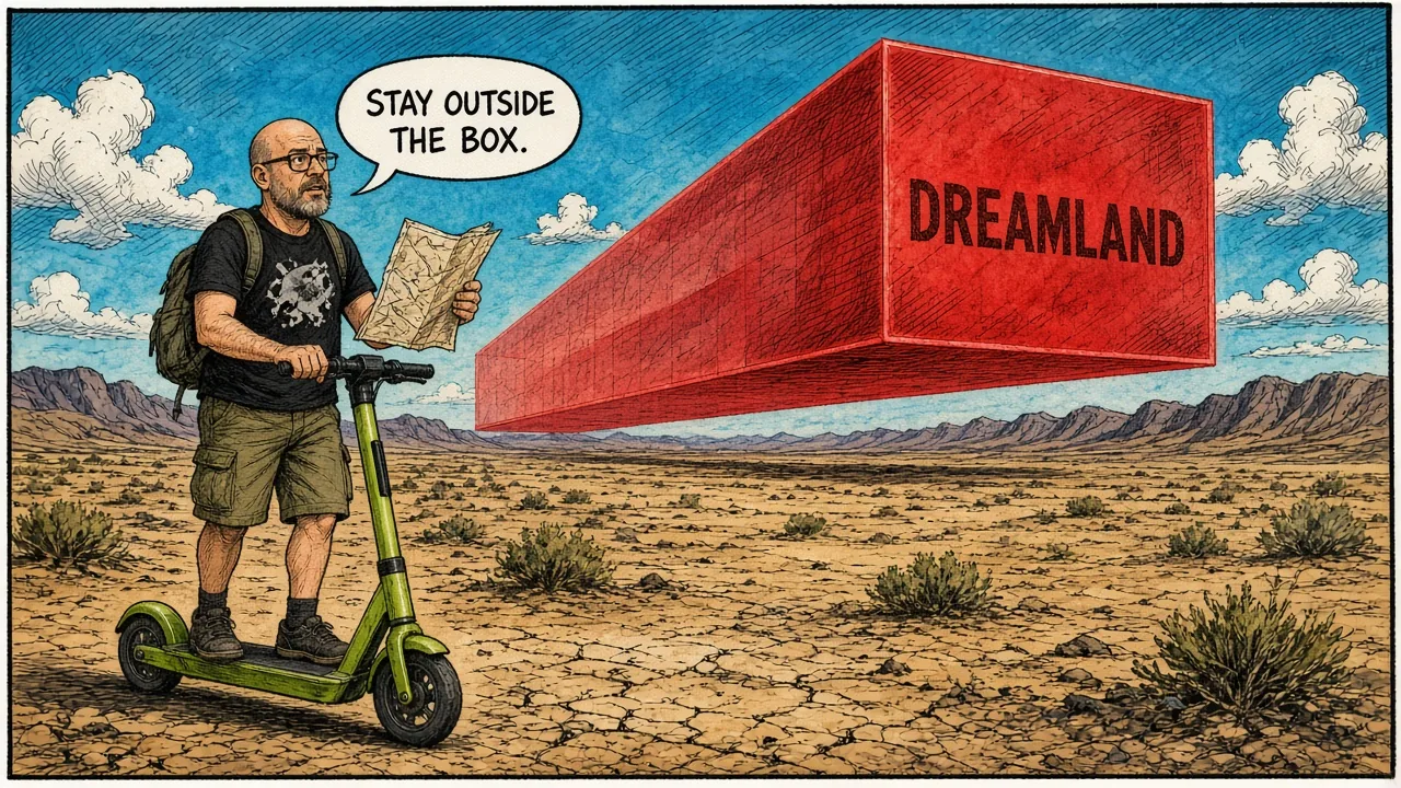 Nevada sectional chart style panel with a red restricted box labeled DREAMLAND over empty desert