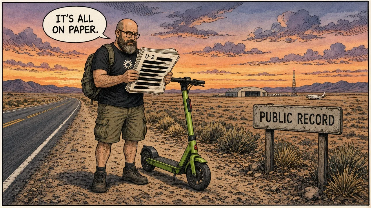 The ErrorZap host stands beside his lime-green scooter on an empty Nevada highway at dusk, reading a redacted U-2 document next to a sign that says PUBLIC RECORD, with a distant hangar and radio mast.