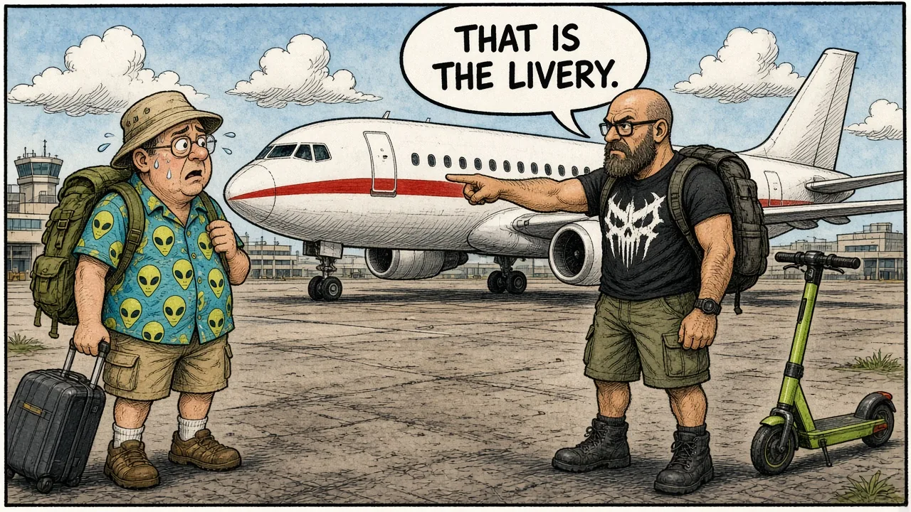 Host comparing a tourist UFO shirt to the boring red stripe on a white jet