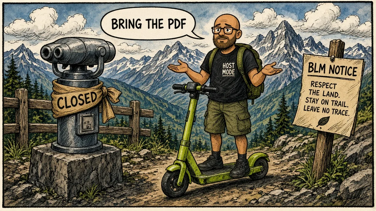 Host finds a CLOSED sign on a mountain viewpoint binocular stand while a BLM notice flutters