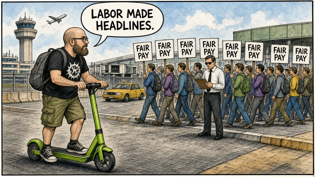 Picketers with generic SIGNS near an airport while a manager figure checks a clipboard