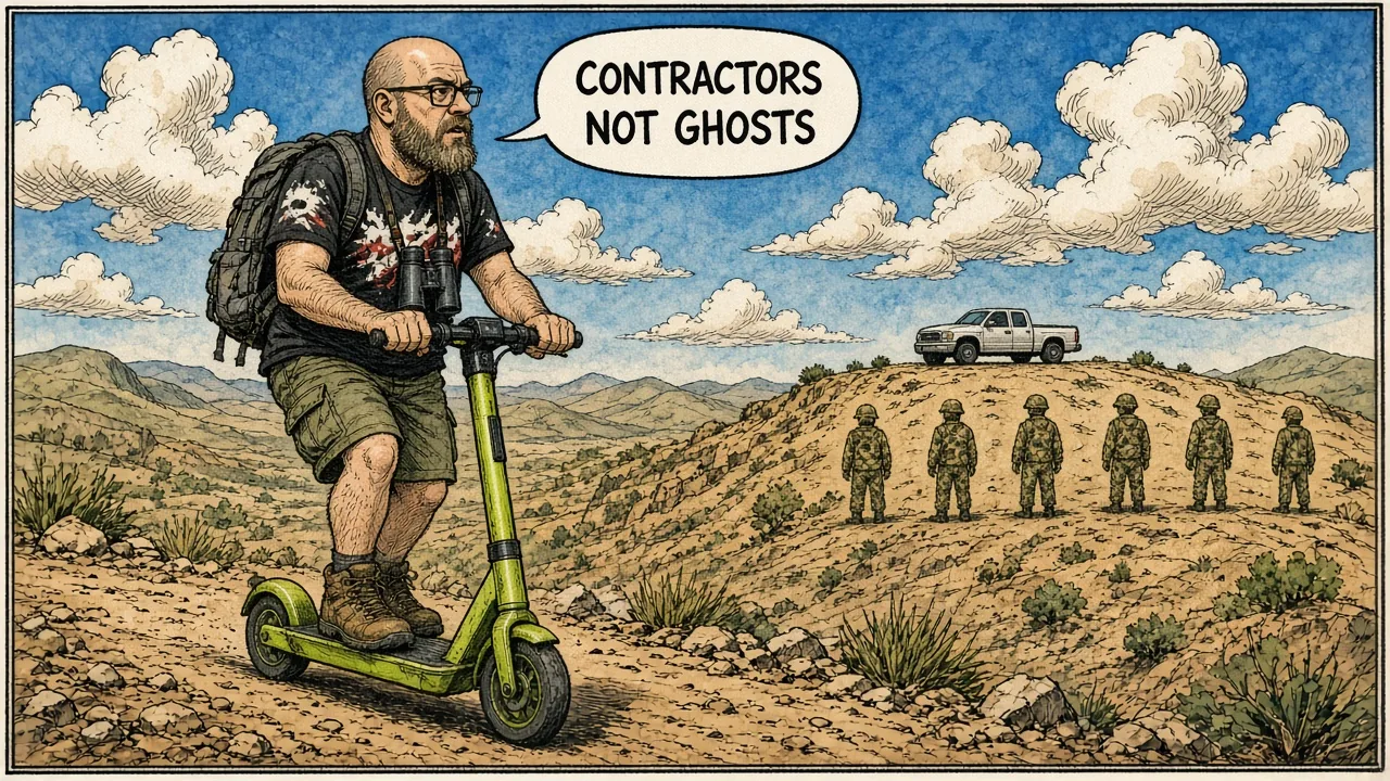 White pickup on a desert ridge silhouette with camo-clad contractors as distant stick figures, no faces