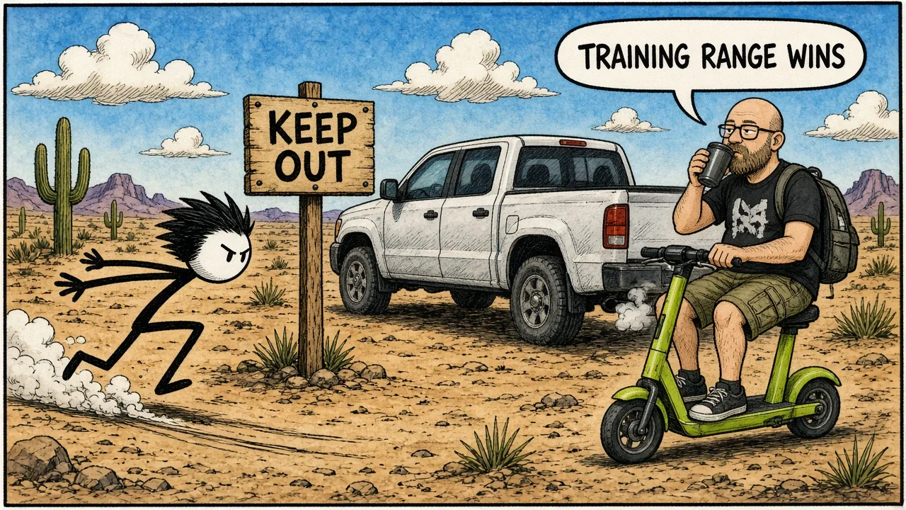 Cartoon runner in anime pose stopped by a simple KEEP OUT sign and a bored security truck