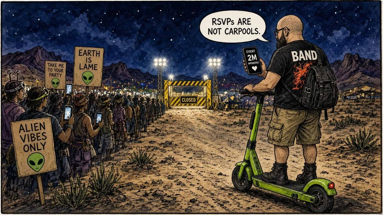 Costumed festival crowd in desert night facing a distant closed gate under floodlights with phones held high