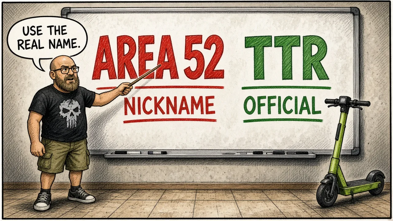 Host grading a pop-quiz where Area 52 is marked nickname and TTR is marked official