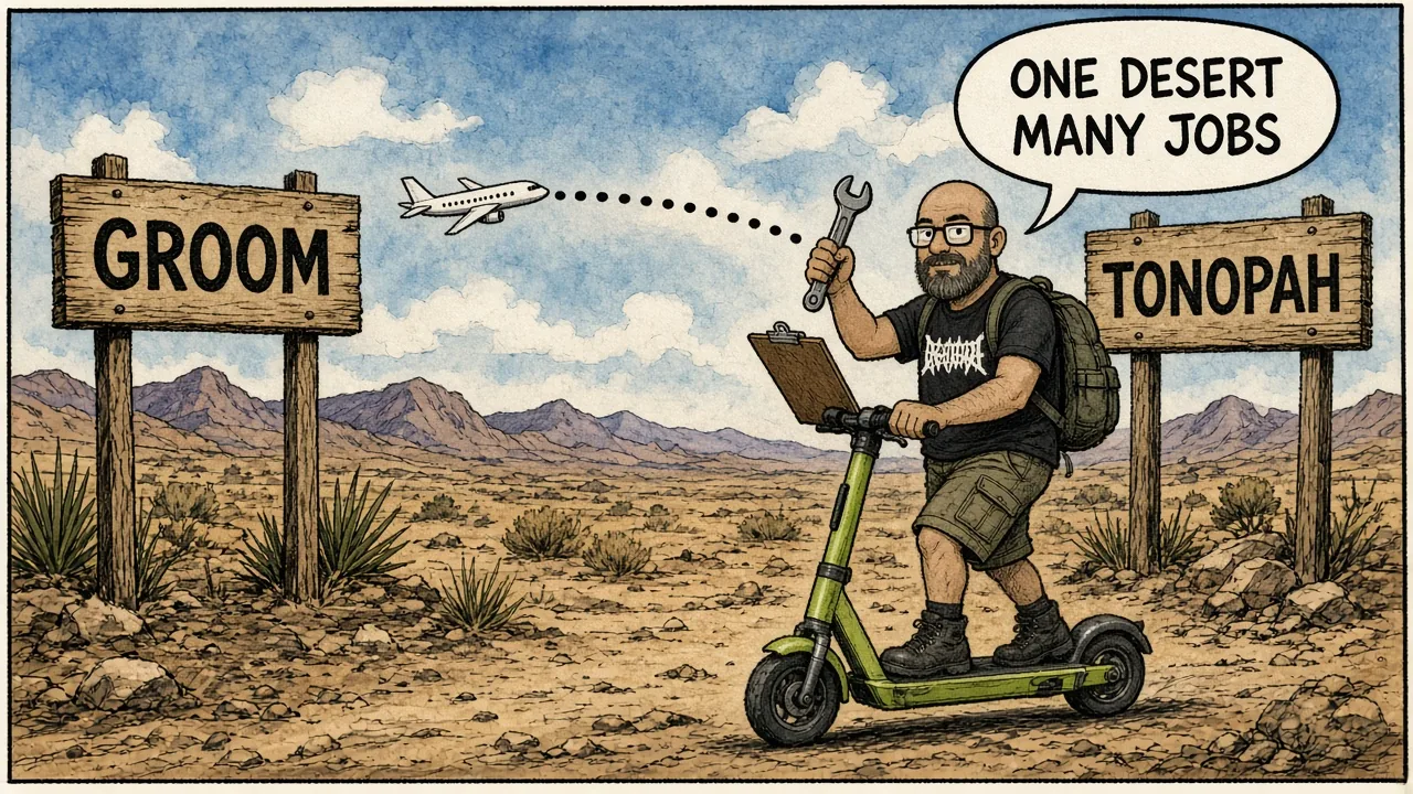 Two neighboring desert range signs GROOM and TONOPAH with a Janet jet dotted line between them