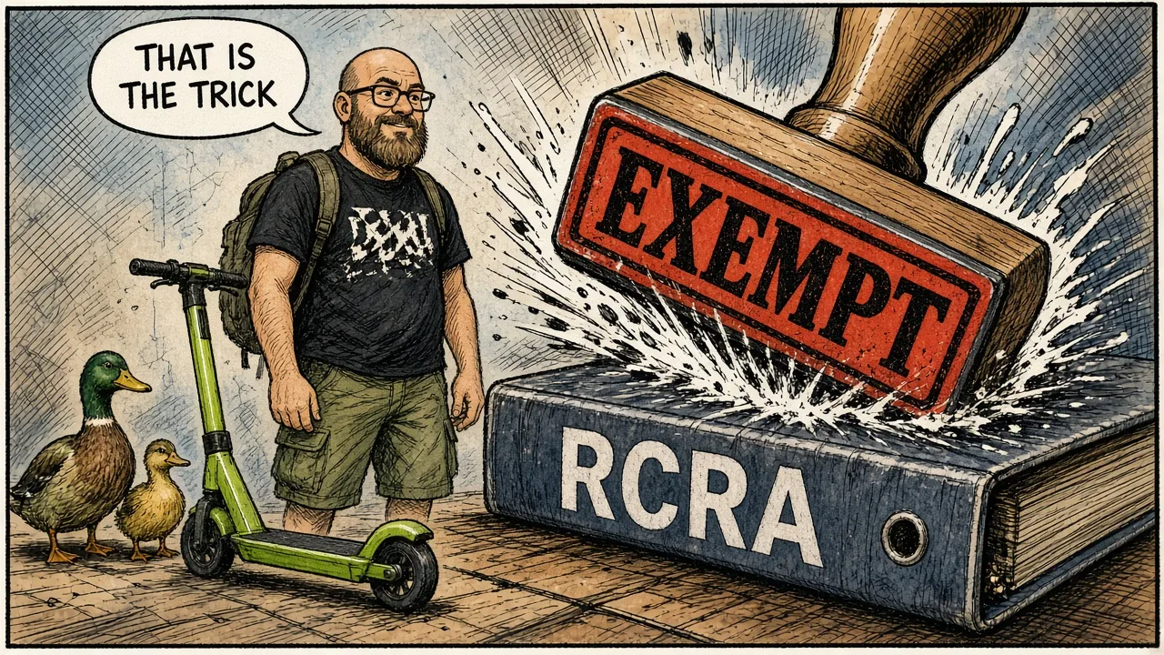 Rubber stamp marked EXEMPT landing on a RCRA binder