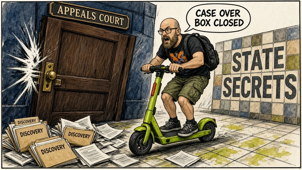 Appeals court door shutting on discovery requests beside a STATE SECRETS mosaic