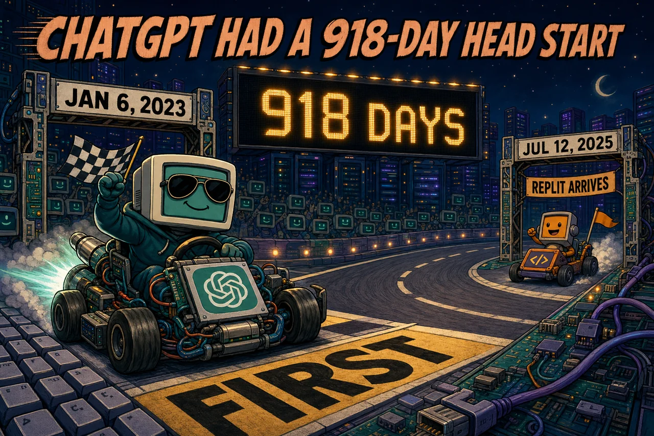 A retro-future race visualizes ChatGPT's 918-day head start.