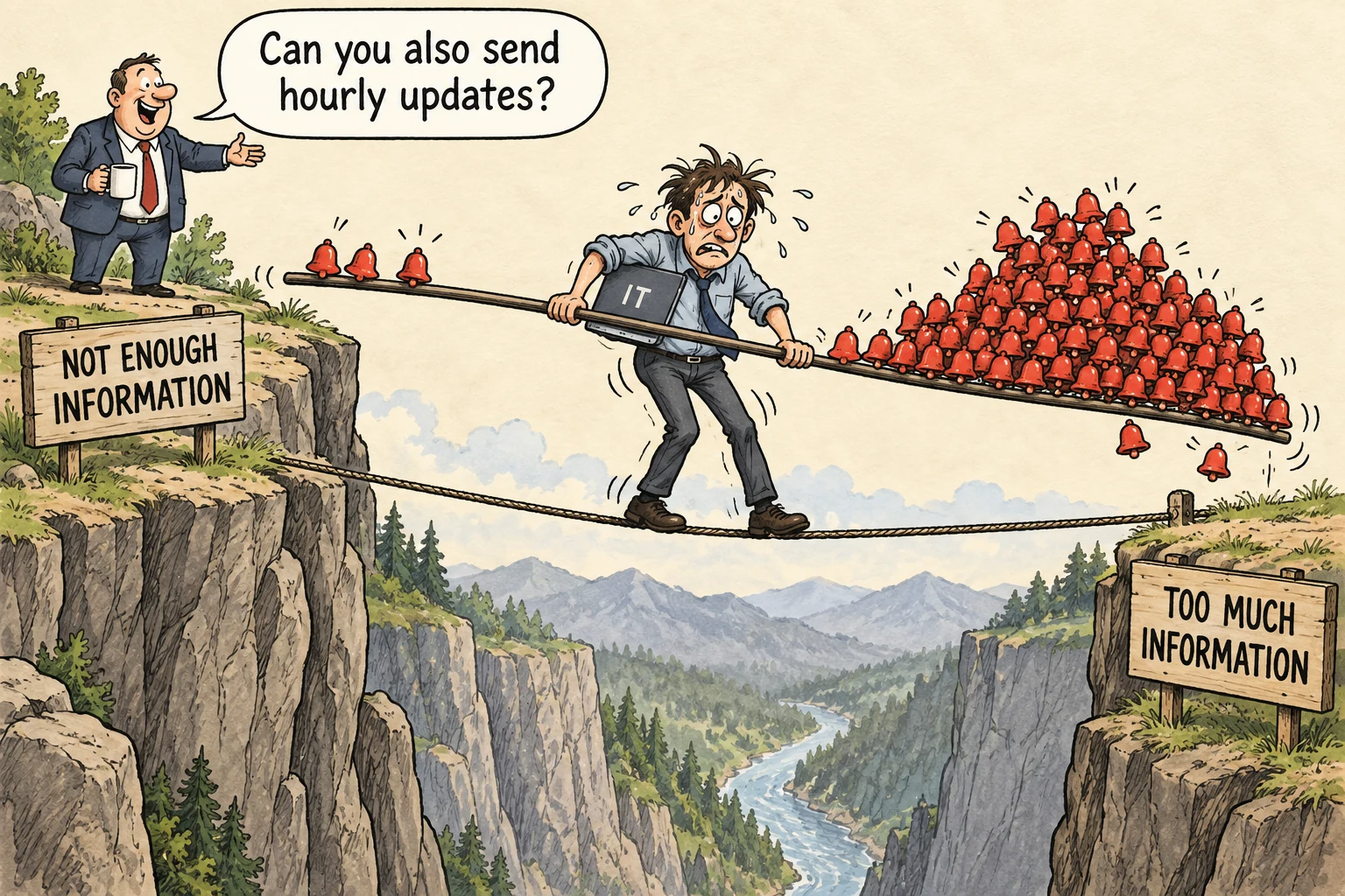 A technician balances on a tightrope between too little and too much information.