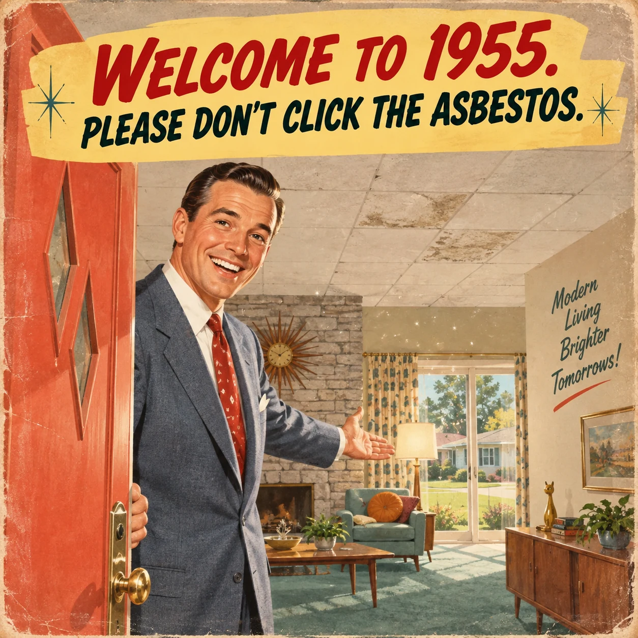 A cheerful 1955 virtual house tour points out asbestos as a period feature.