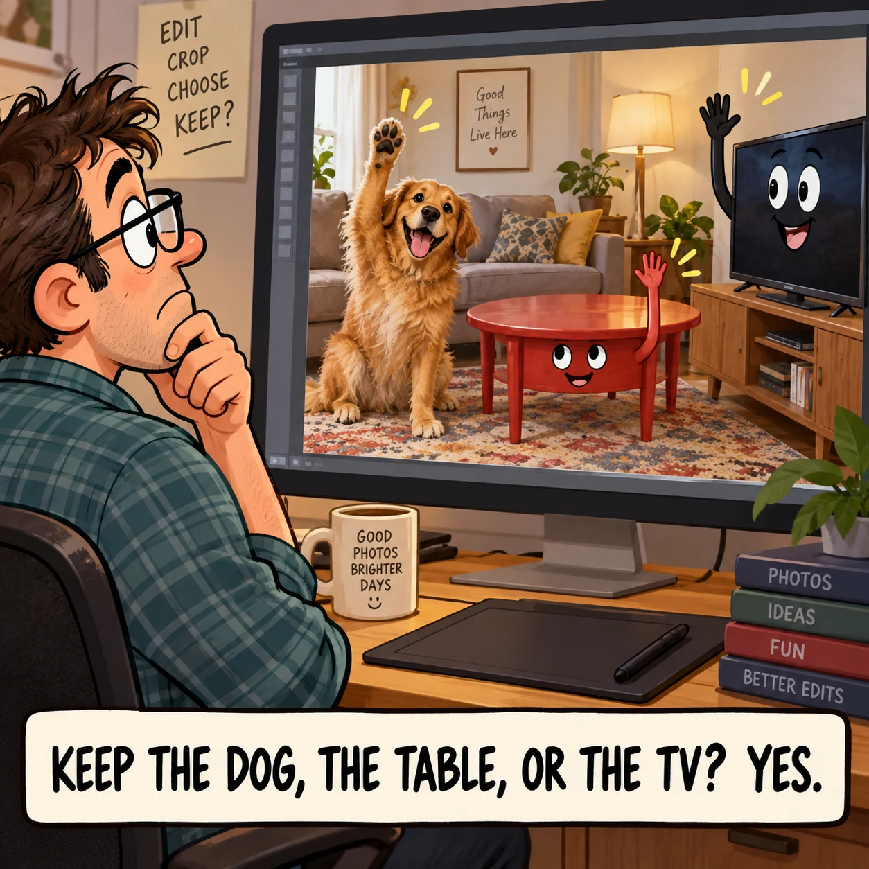An image editor is instructed to keep only the dog, table, and television.