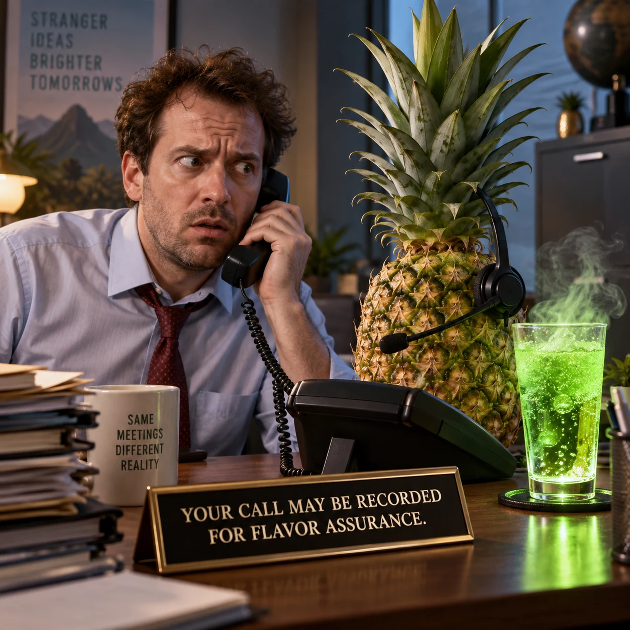 A call recording notice promises flavor assurance for a pineapple soda PBX.