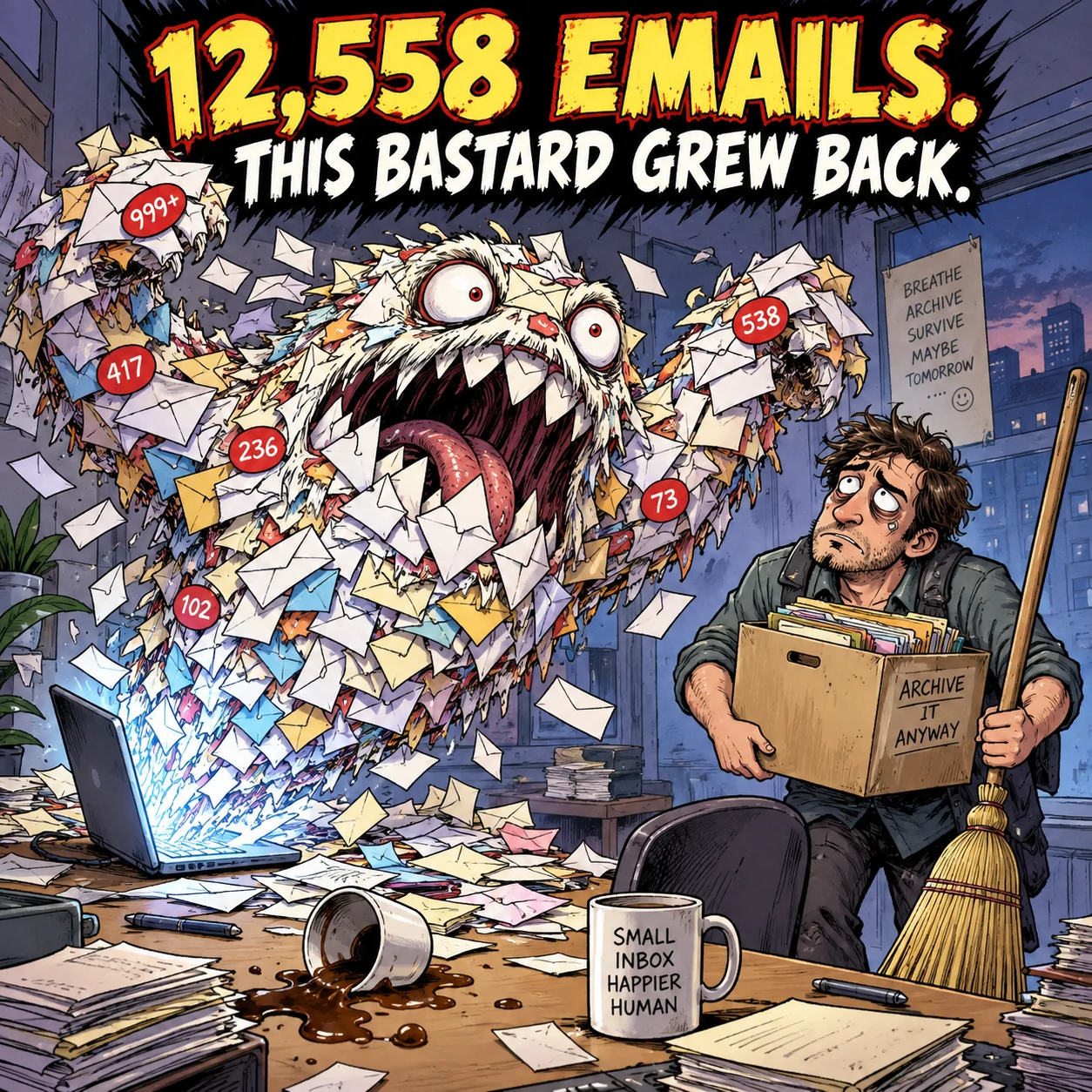A monster made from 12,558 emails looms over an inbox.
