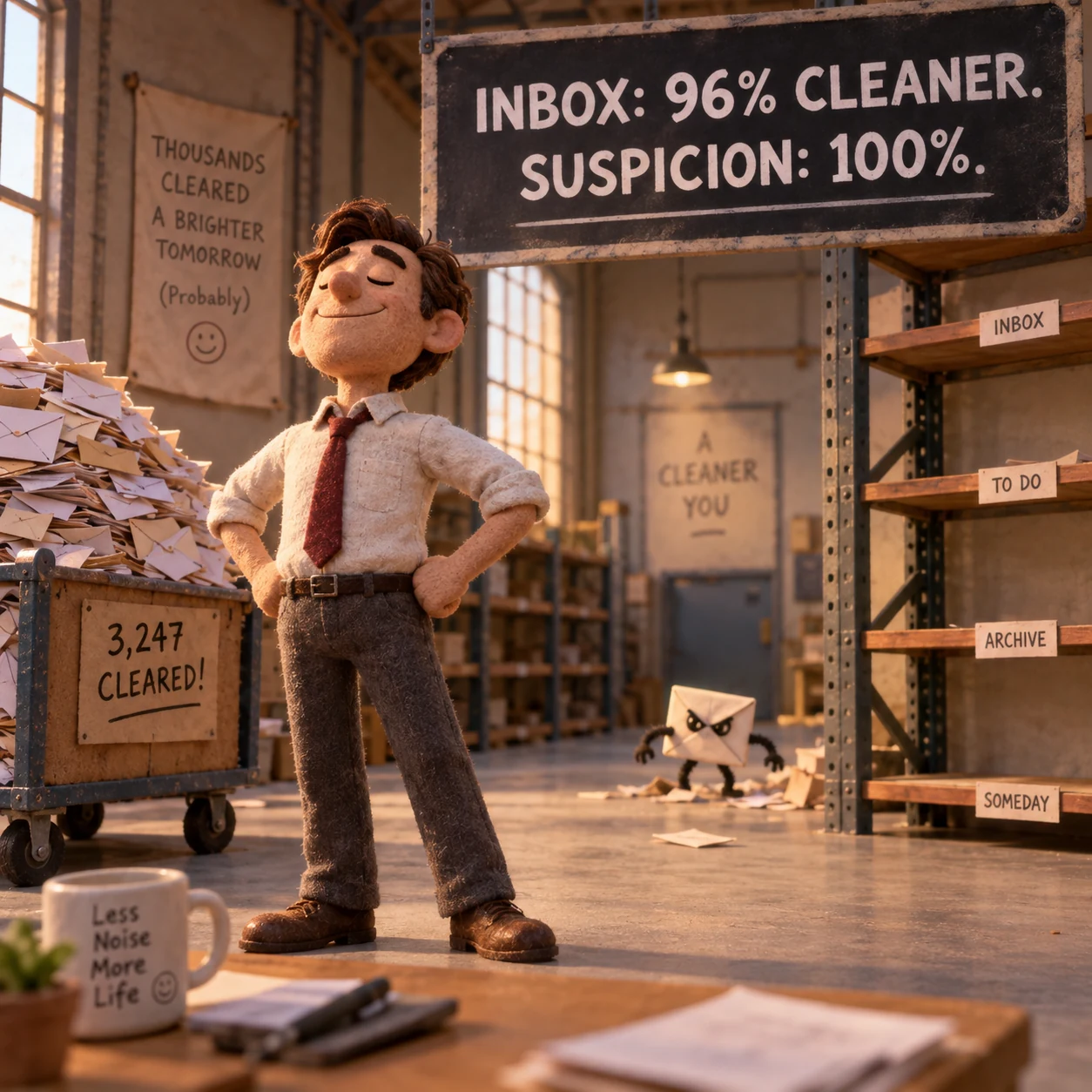 A suspicious automated cleaner approaches an enormous email inbox.