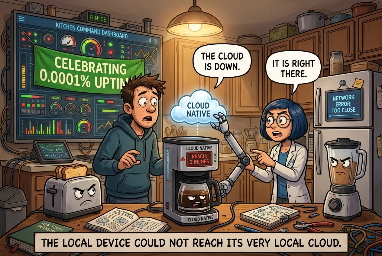 Cartoon titled Cloud Local: A proudly cloud-native gadget stops working because the cloud is literally hovering two inches out of reach.