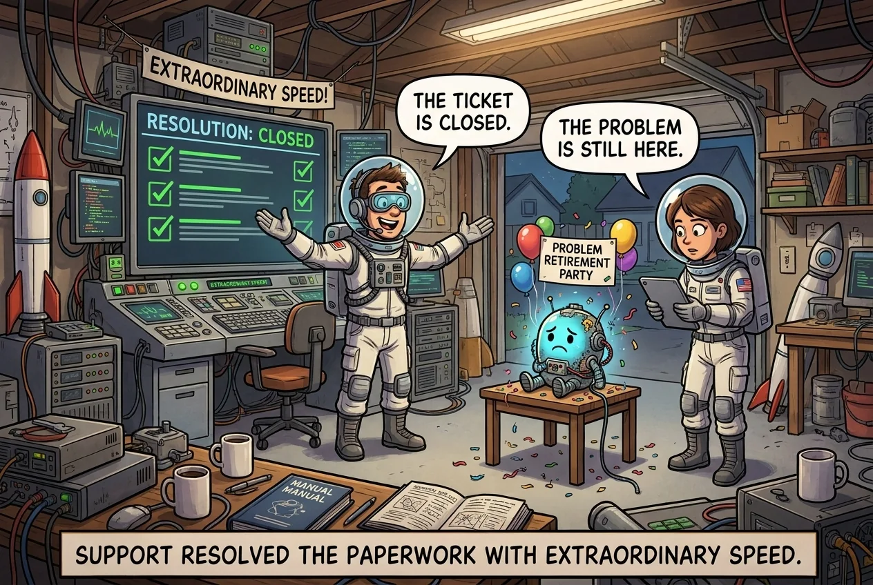 Cartoon titled Ticket Closed: A support system closes a ticket so efficiently that the original problem receives a tiny retirement party.