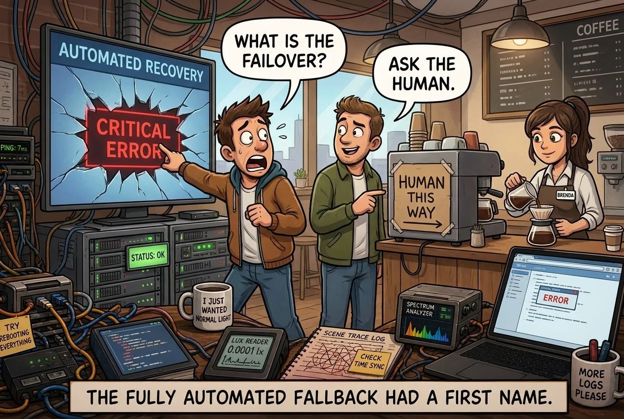 Cartoon titled Human Fallback: The advanced automated fallback system is just a handwritten sign pointing to one patient human.