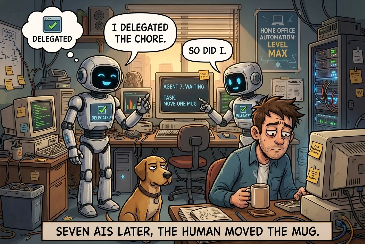 Cartoon titled Agent Delegation: A chain of AI agents keeps delegating a tiny chore until an exhausted human quietly does it.
