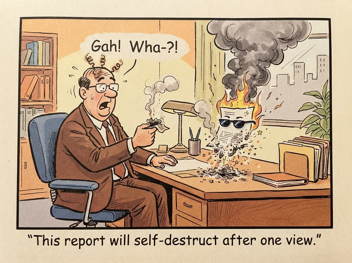 Cartoon titled Burn After Reading: This report will self-destruct after one view.