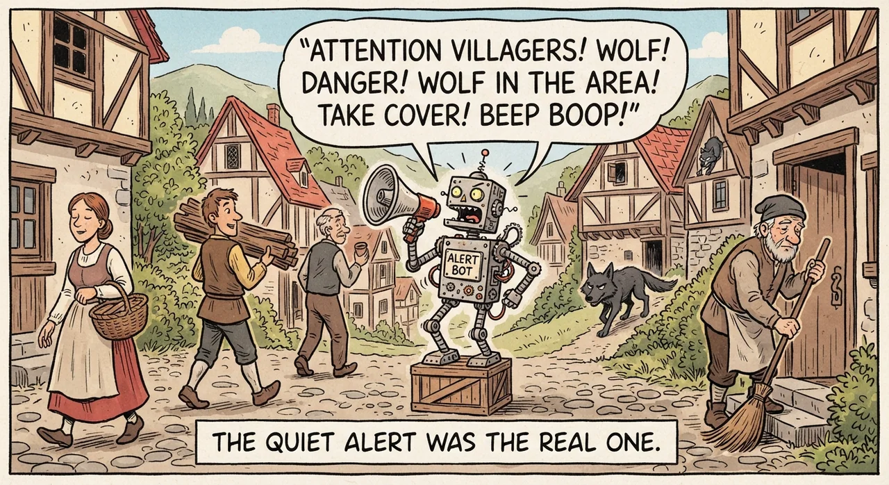 Cartoon titled Noisy Probe: The quiet alert was the real one.