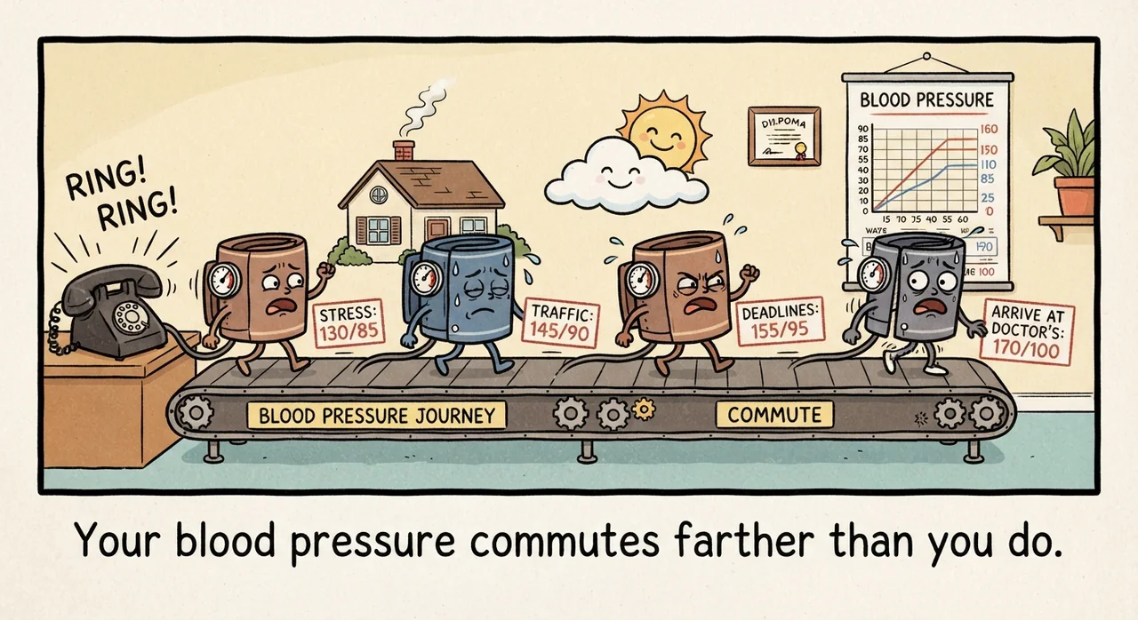 Cartoon titled Bp Commute: Your blood pressure commutes farther than you do.