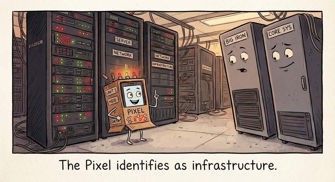 Cartoon titled Phone Server: The Pixel identifies as infrastructure.