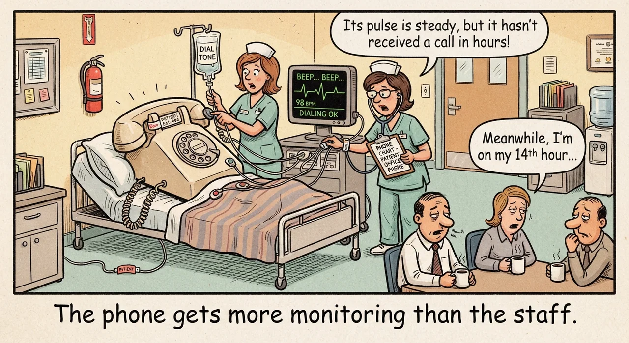 Cartoon titled Viking Phone: The phone gets more monitoring than the staff.