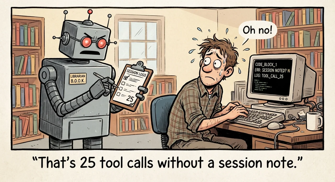 Cartoon titled Ledger Nag: That's 25 tool calls without a session note.