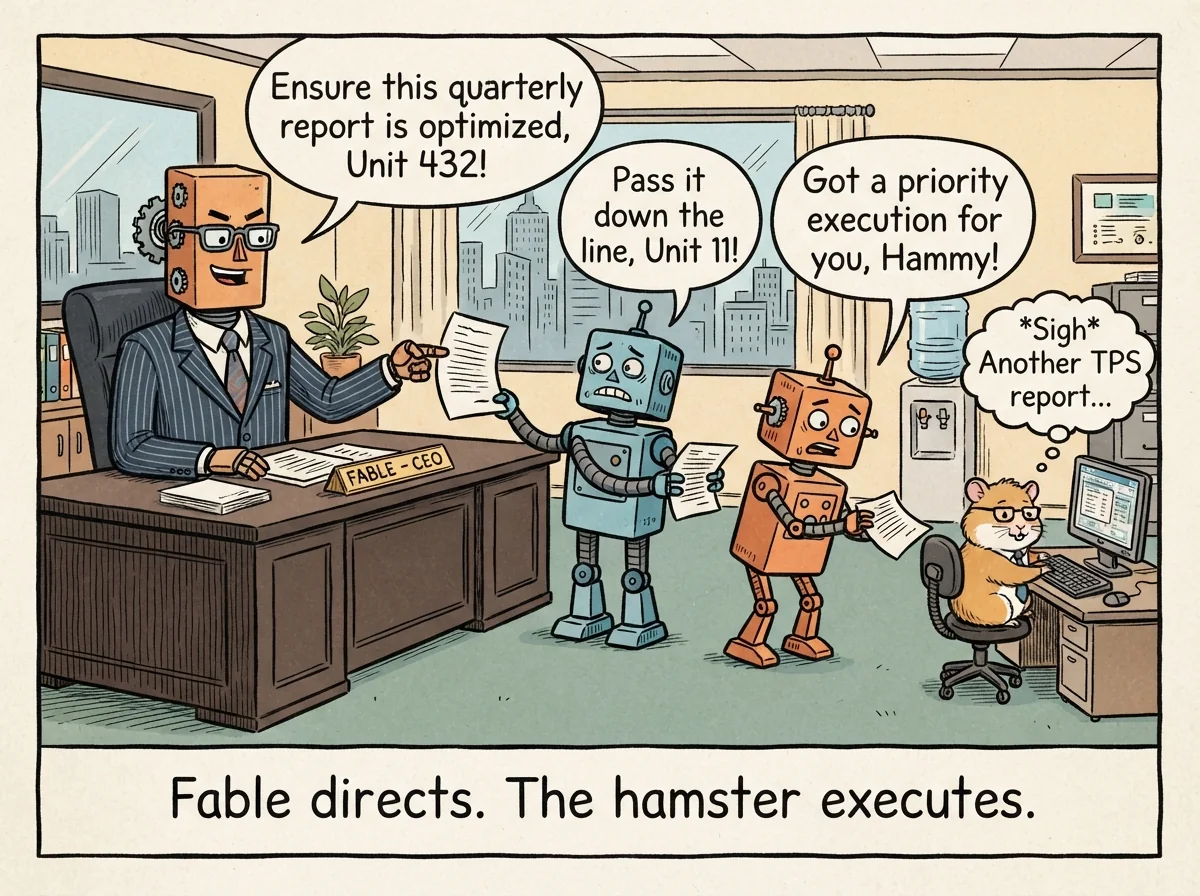 Cartoon titled Delegation Chain: Fable directs. The hamster executes.
