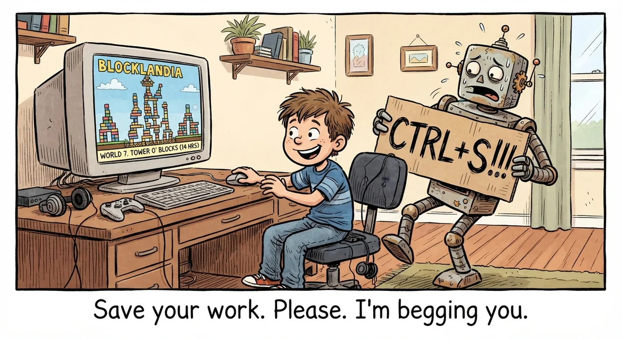 Cartoon titled Roblox Ctrl S: Save your work. Please. I'm begging you.