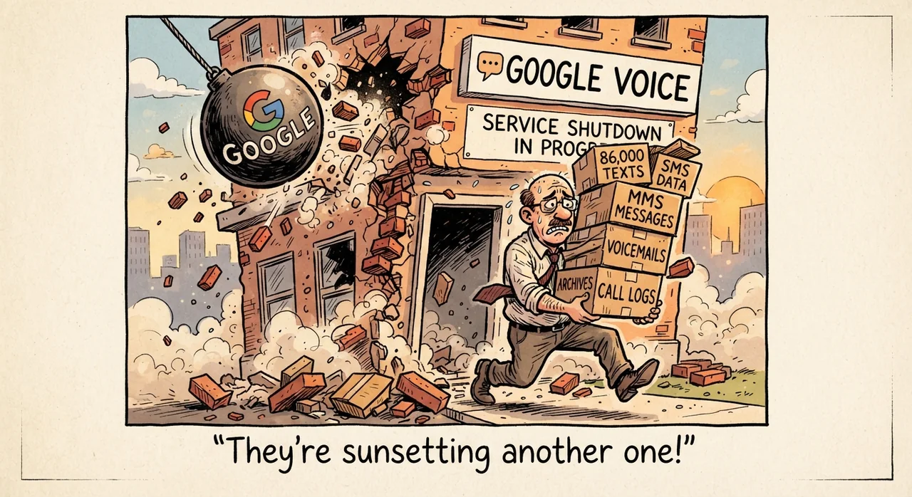 Cartoon titled Google Voice Exit: They're sunsetting another one!