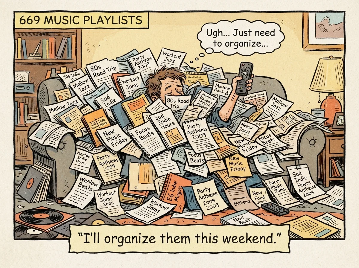 Cartoon titled Playlist Avalanche: I'll organize them this weekend.