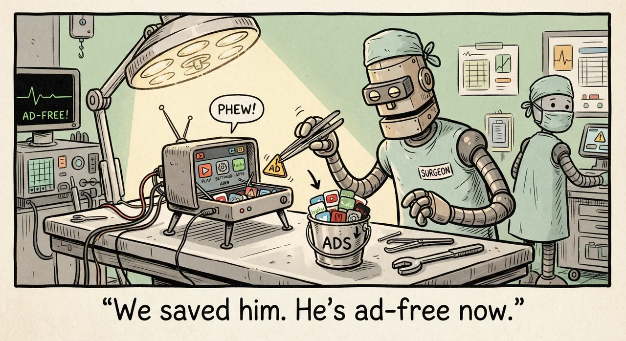 Cartoon titled Onn Debloat: We saved him. He's ad-free now.