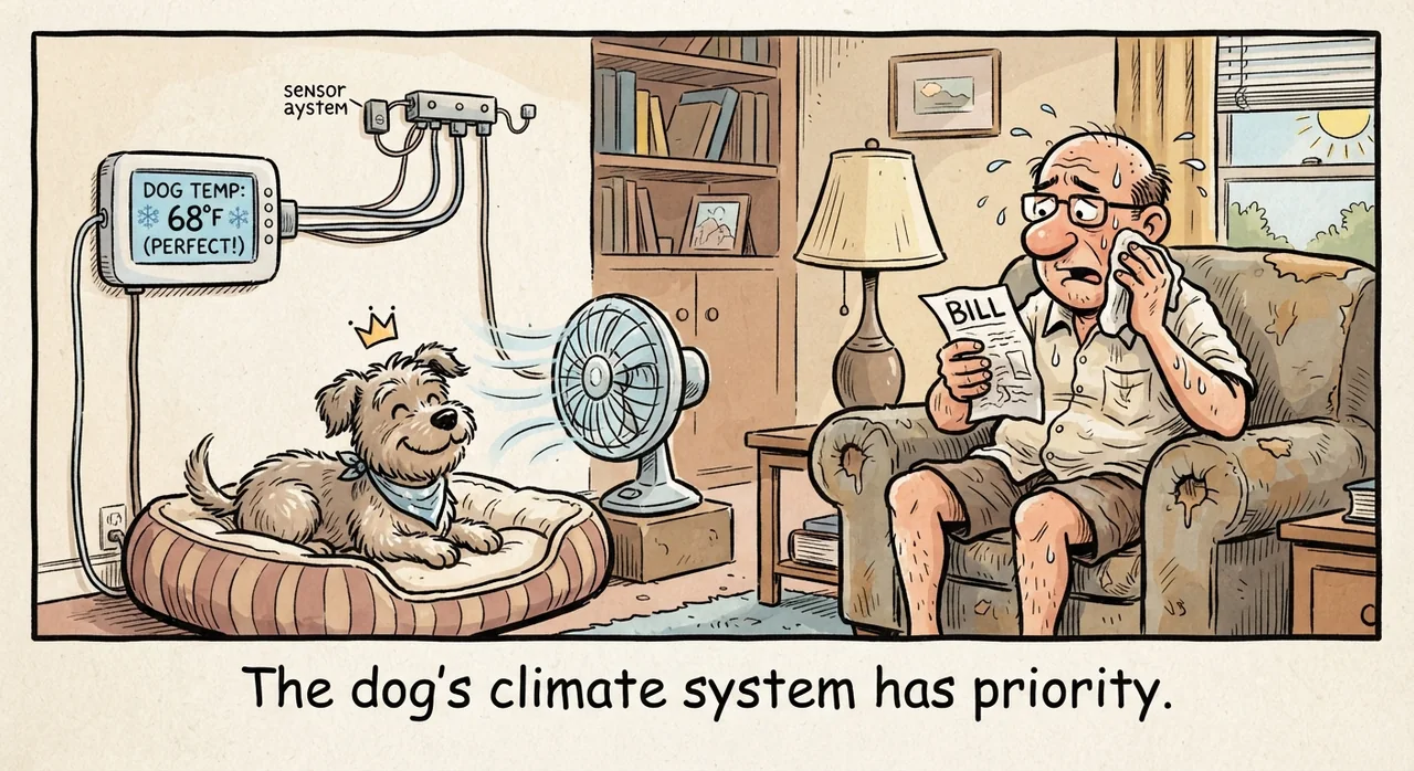 Cartoon titled Dog Climate: The dog's climate system has priority.