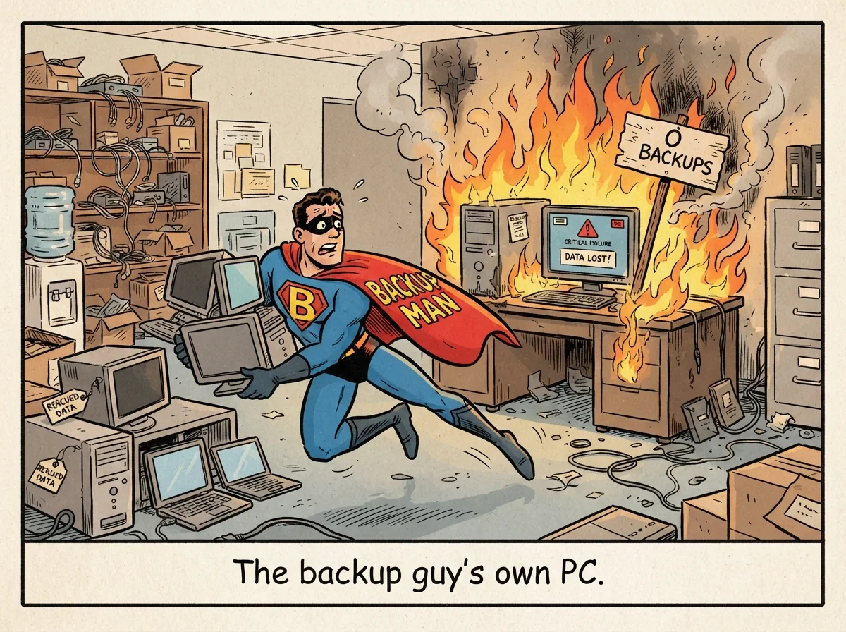 Cartoon titled Backup Guy No Backup: The backup guy's own PC.