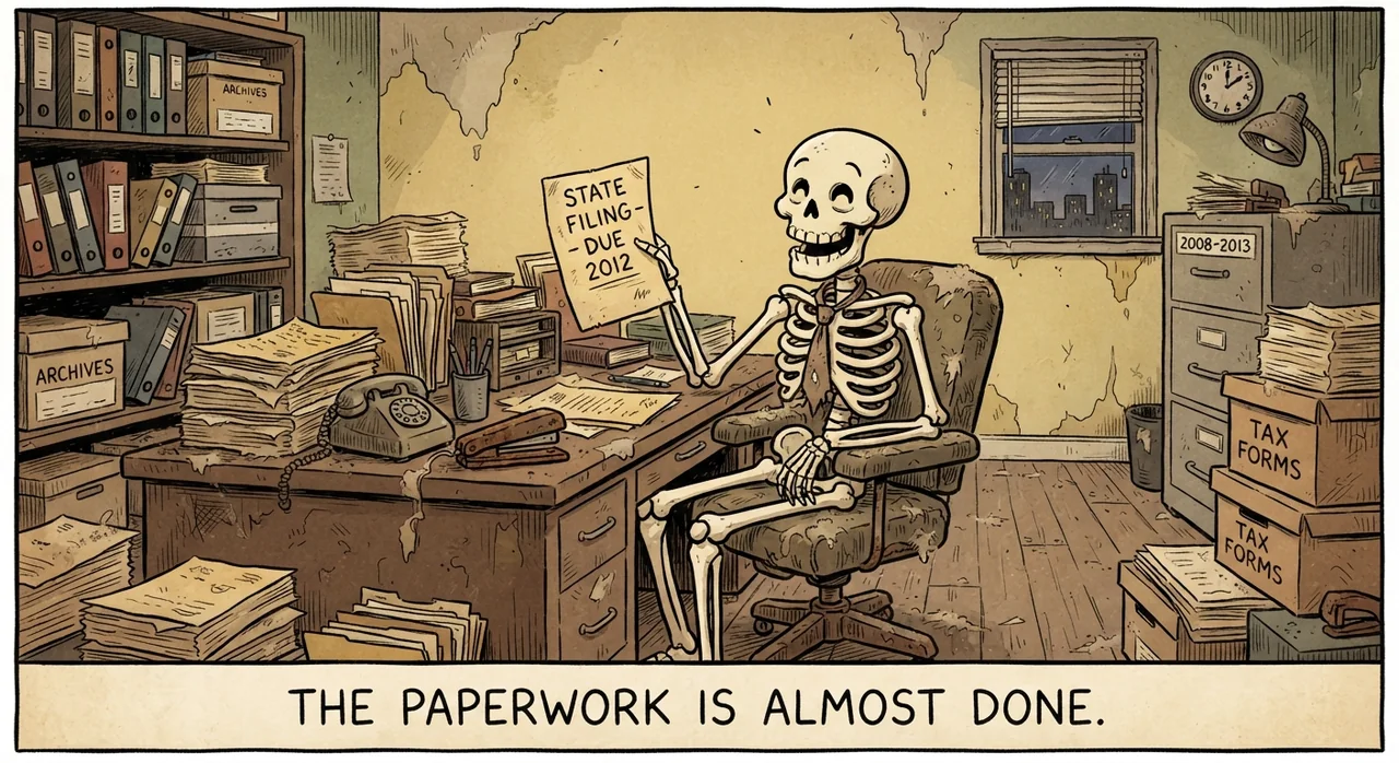 Cartoon titled Llc Delinquent: The paperwork is almost done.