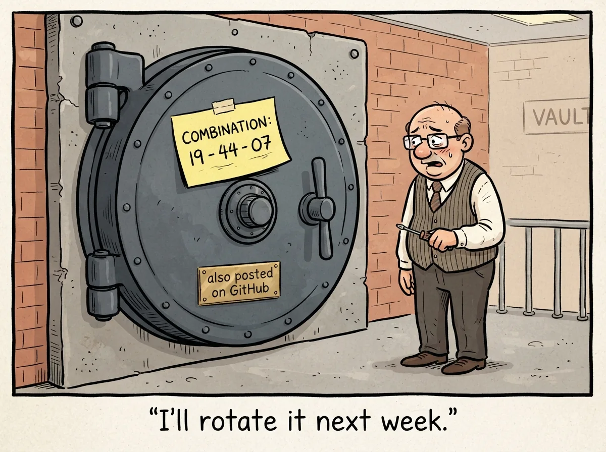Cartoon titled Password Sticky Note: I'll rotate it next week.