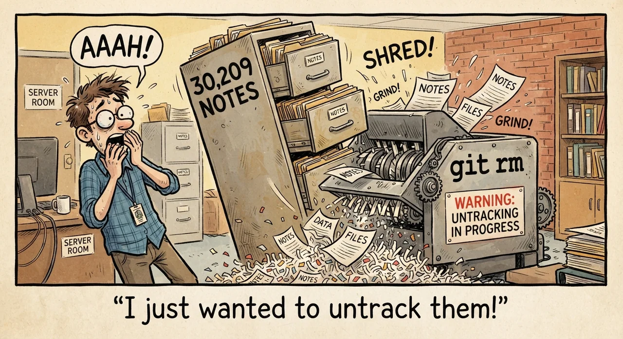 Cartoon titled Git Rm Nuke: I just wanted to untrack them!