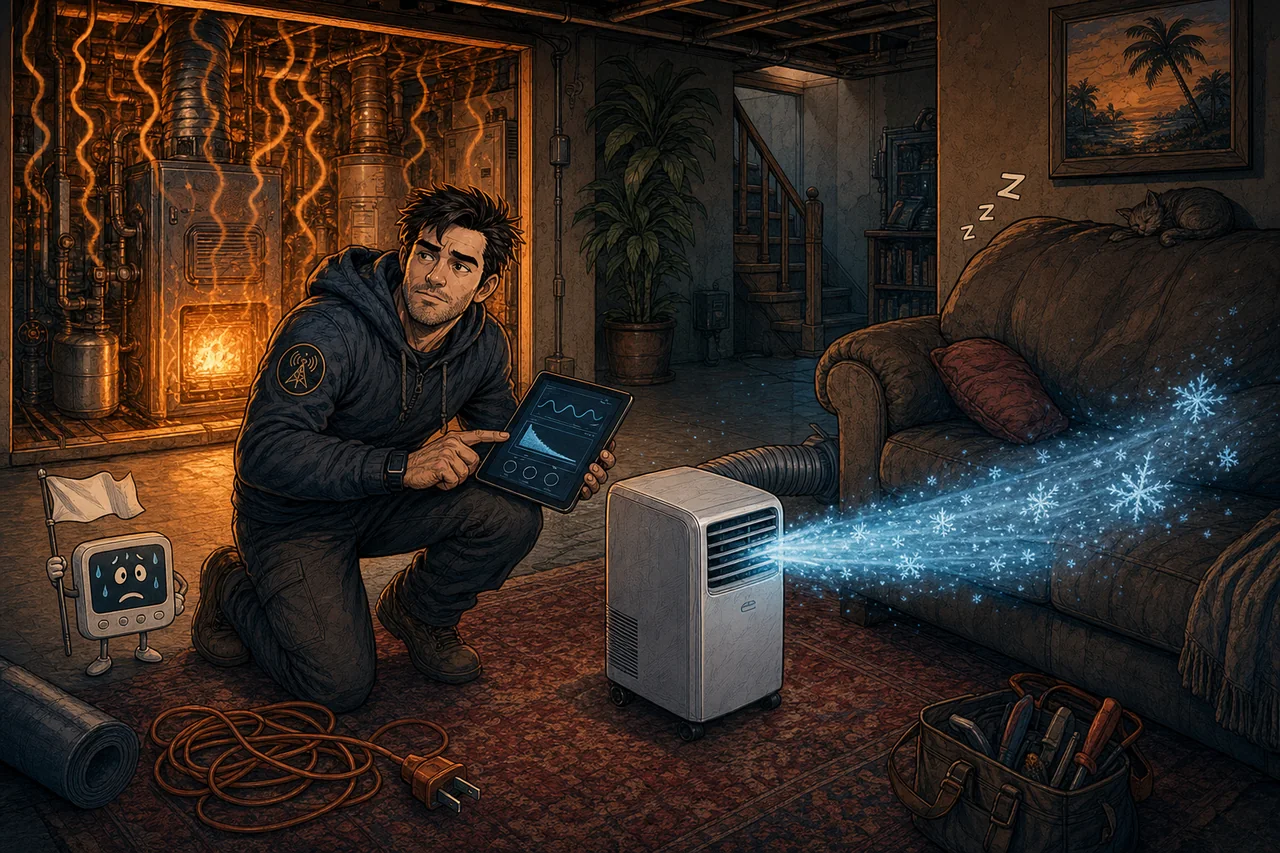 A symbolic sysadmin battles basement heat with a portable air conditioner.