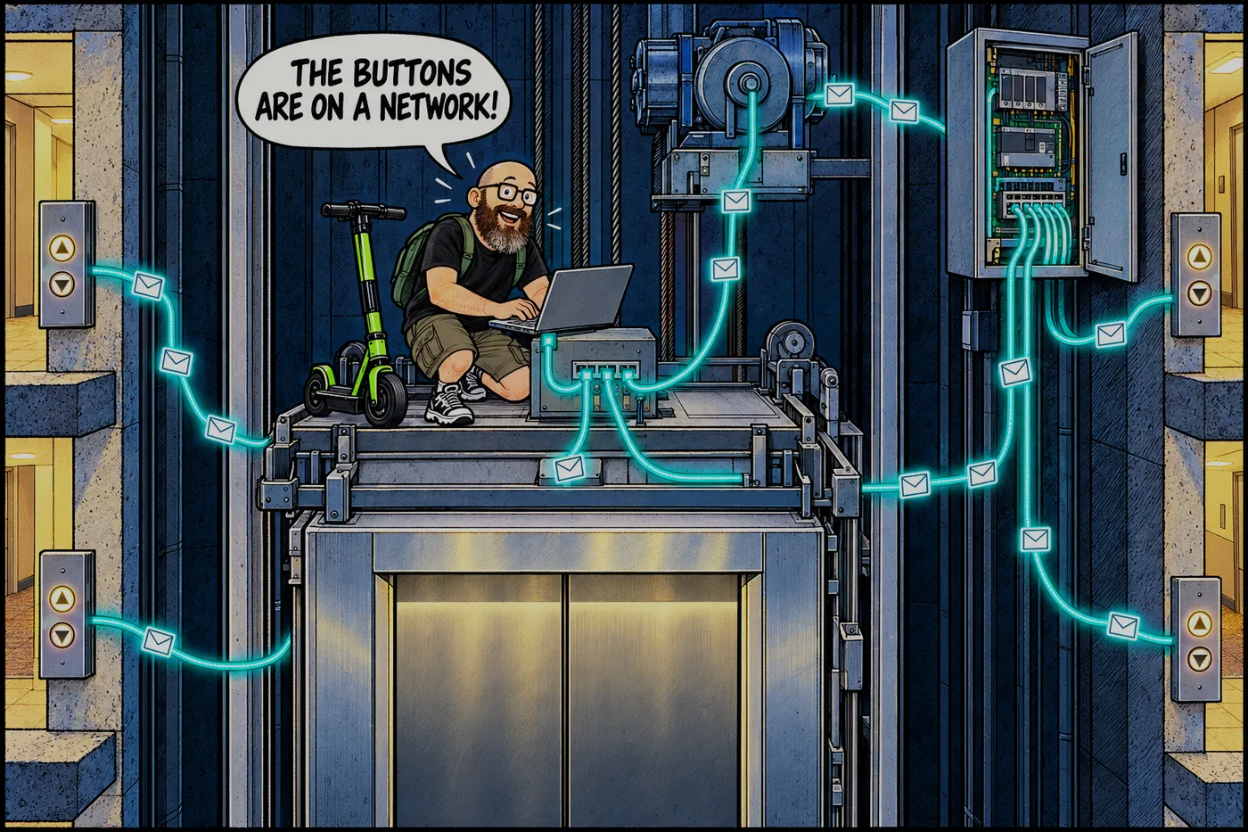 Comic cutaway of an elevator shaft where glowing teal network cables link the car, landing buttons, door motor and controller, with tiny packets flowing; the ErrorZap host sits on the car top with a laptop plugged in saying THE BUTTONS ARE ON A NETWORK.