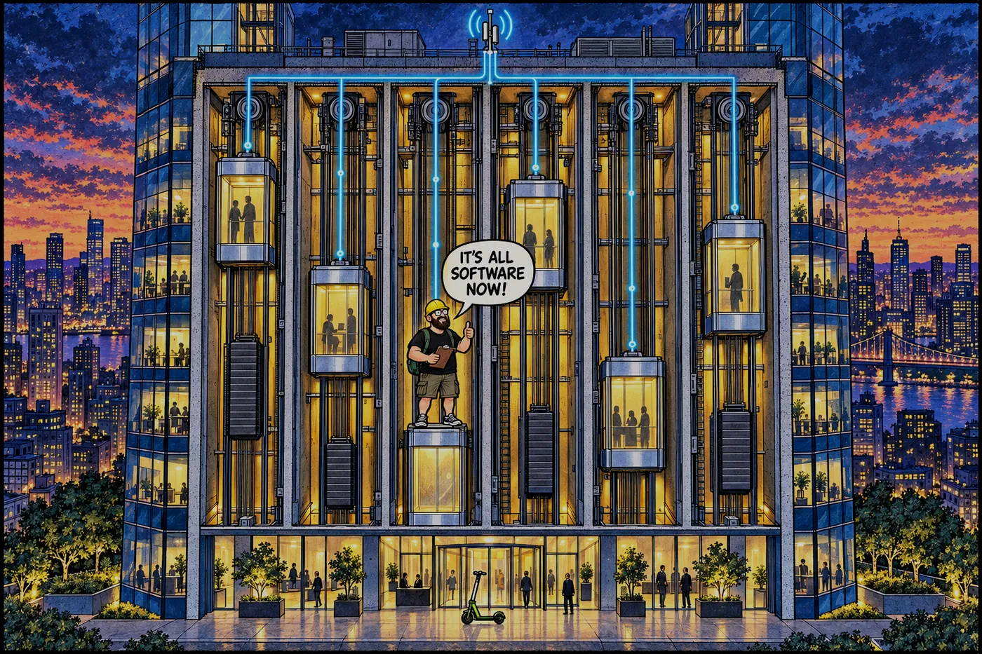 Comic cutaway of a glass office tower at dusk with six glowing elevator shafts, cars and counterweights at different heights, data lines running to a rooftop antenna, and the bald bearded ErrorZap host riding on top of a car saying IT'S ALL SOFTWARE NOW.