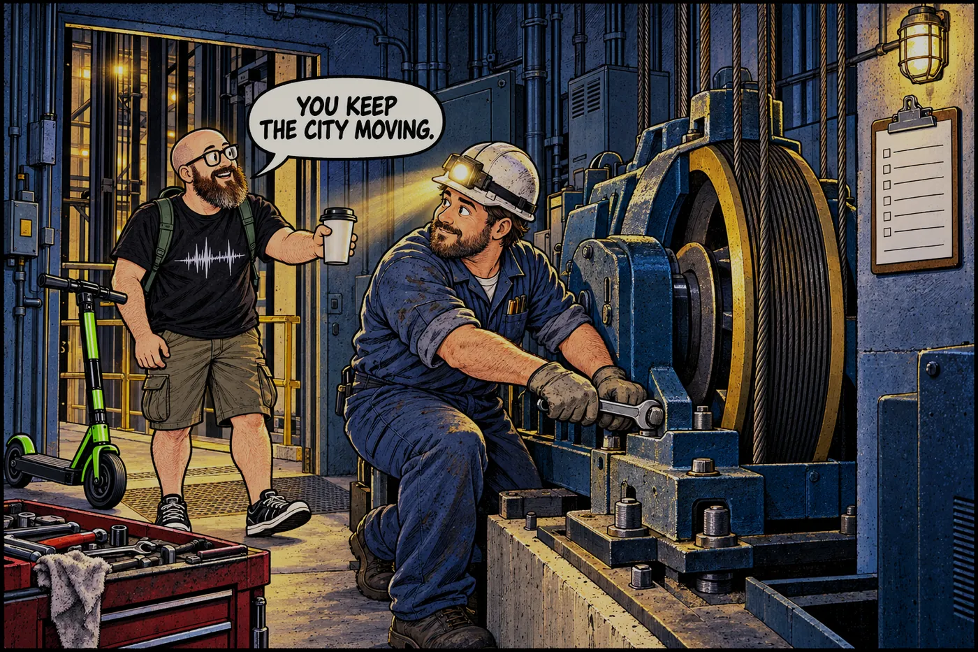 In a dim machine room an elevator mechanic in a hard hat and headlamp tightens a bolt on a traction machine while the ErrorZap host hands over a coffee, saying YOU KEEP THE CITY MOVING.