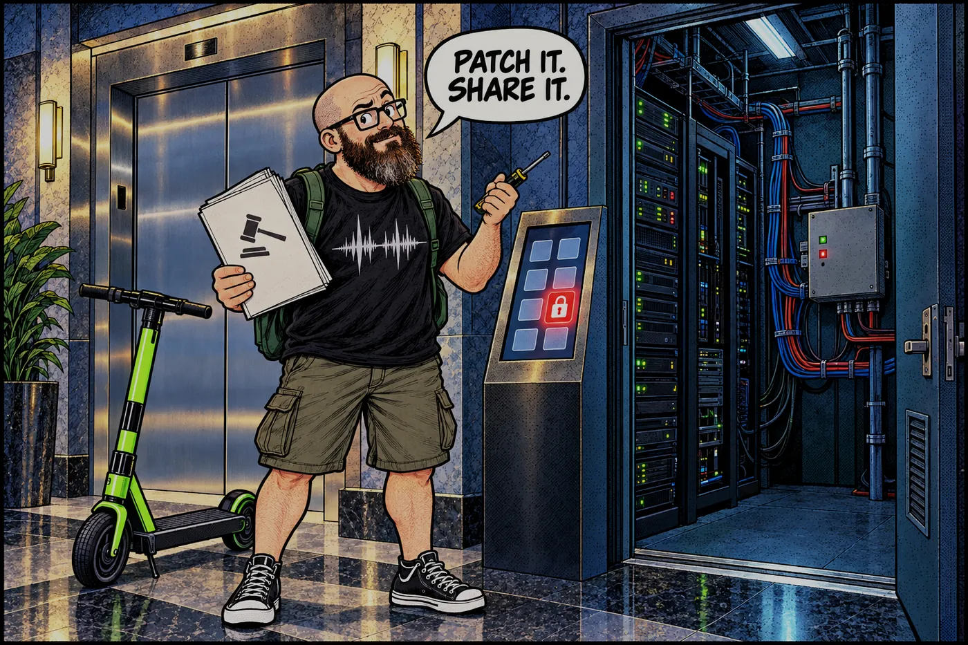 In a dark closet beside an elevator lobby, a destination kiosk and controller box sit under a glowing red padlock over one floor button; the ErrorZap host holds a legal document stamped with a gavel and a handheld service tool, saying PATCH IT. SHARE IT.