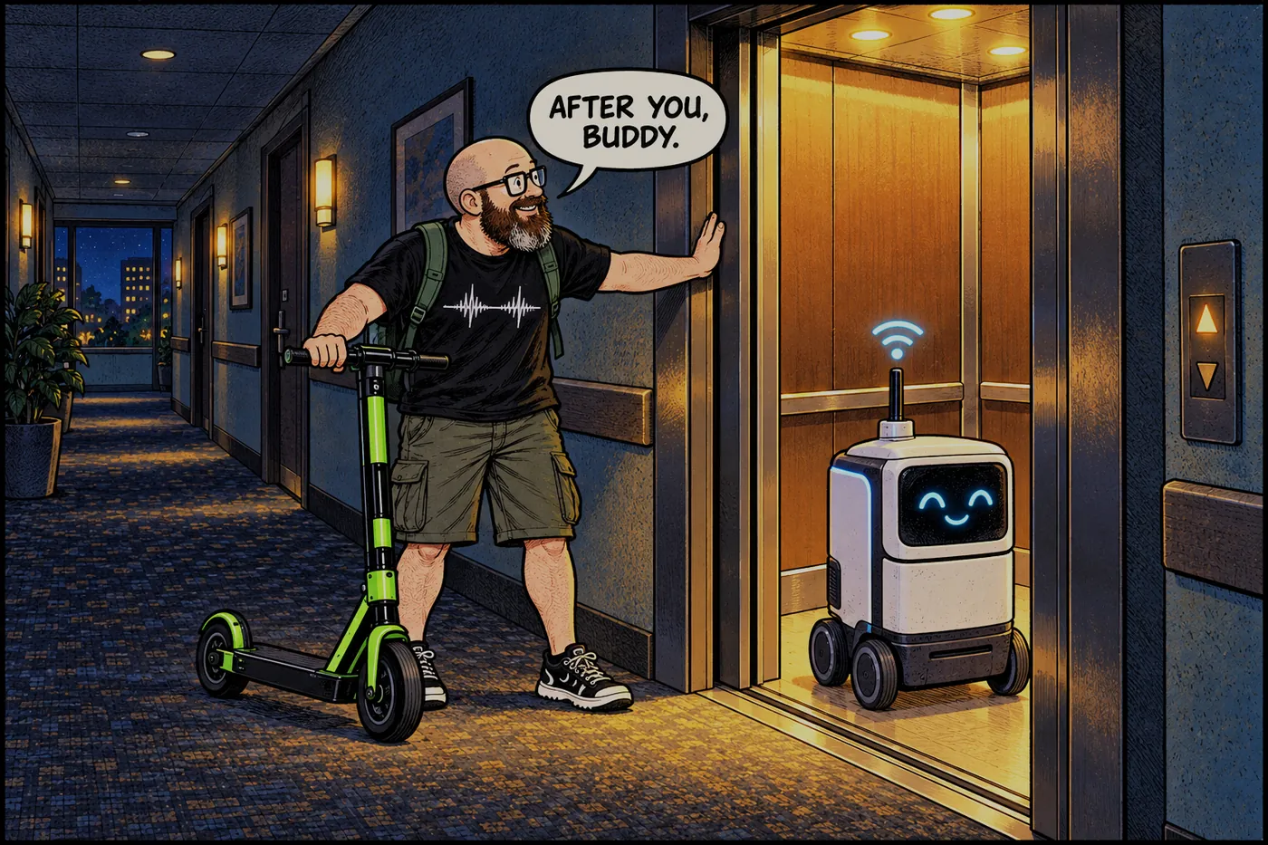 In a dim corridor a boxy delivery robot with a screen face waits as elevator doors open, a small wifi symbol above it, while the ErrorZap host holds the door beside his scooter saying AFTER YOU, BUDDY.