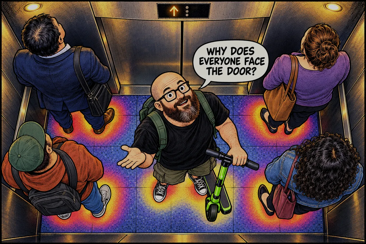 Overhead comic view of a crowded elevator like a heatmap, four strangers in the corners staring at the floor indicator over glowing floor-heat colors, and the ErrorZap host squeezed in the middle with his scooter asking WHY DOES EVERYONE FACE THE DOOR.