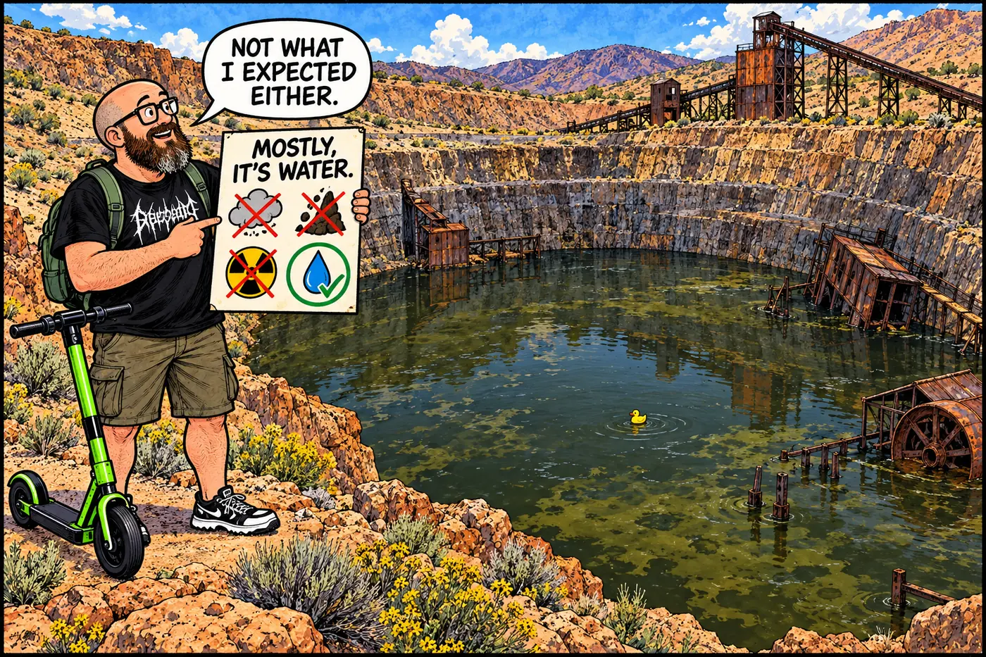 Cartoon of the HOST holding a sign listing mine hazards while standing beside a flooded old mine pit with a rubber duck floating in it